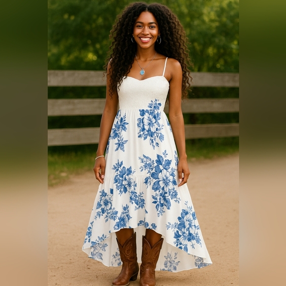 Boho XL Cottagecore Western Lace  Floral Ruffle Maxi High Low Going Out - Picture 1 of 10